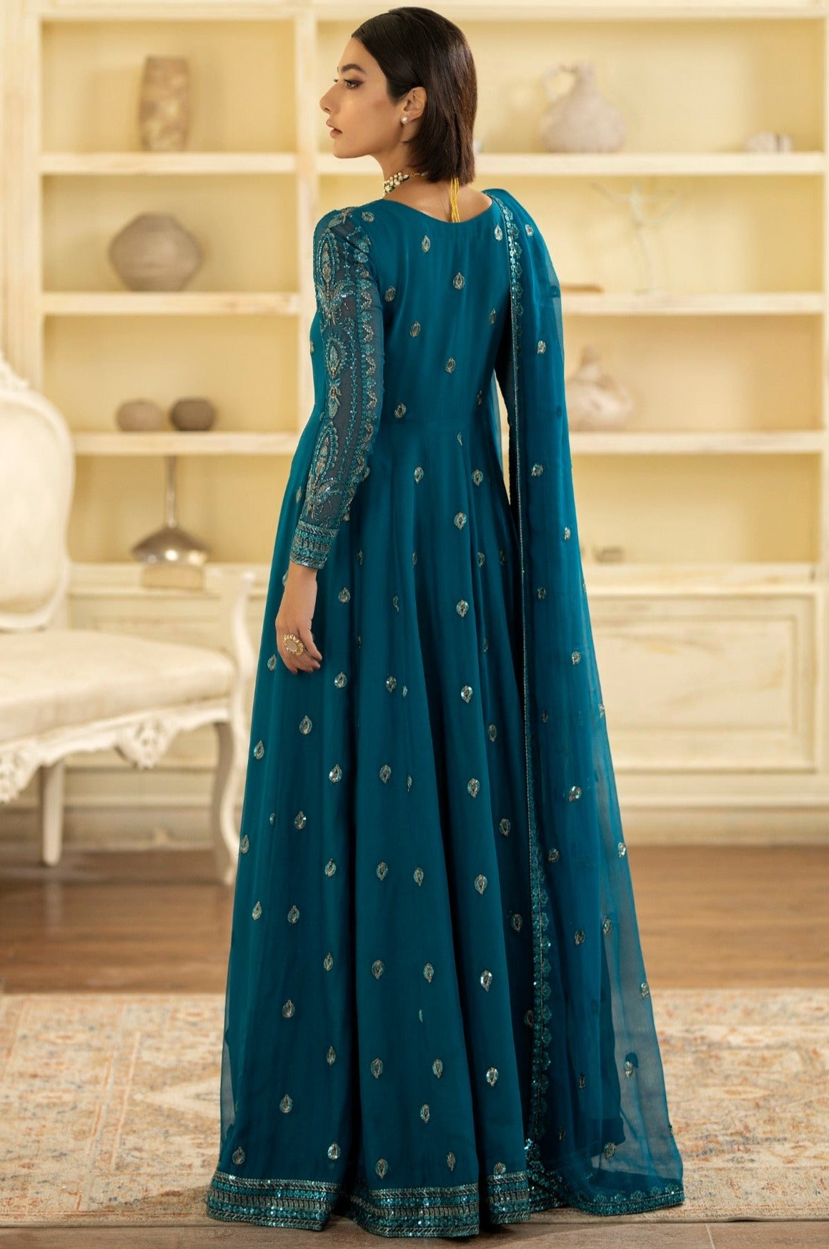 Pakistani Teal Embroidered Chiffon Organza Anarkali Dress (2-Piece) - Image 11