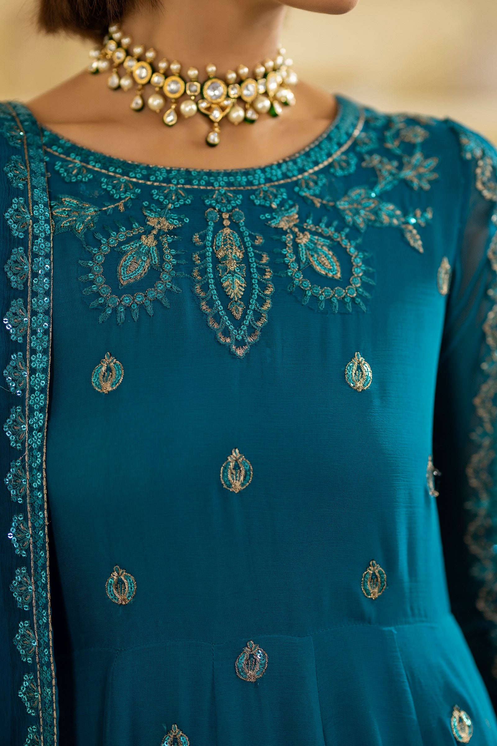 Pakistani Teal Embroidered Chiffon Organza Anarkali Dress (2-Piece) - Image 12