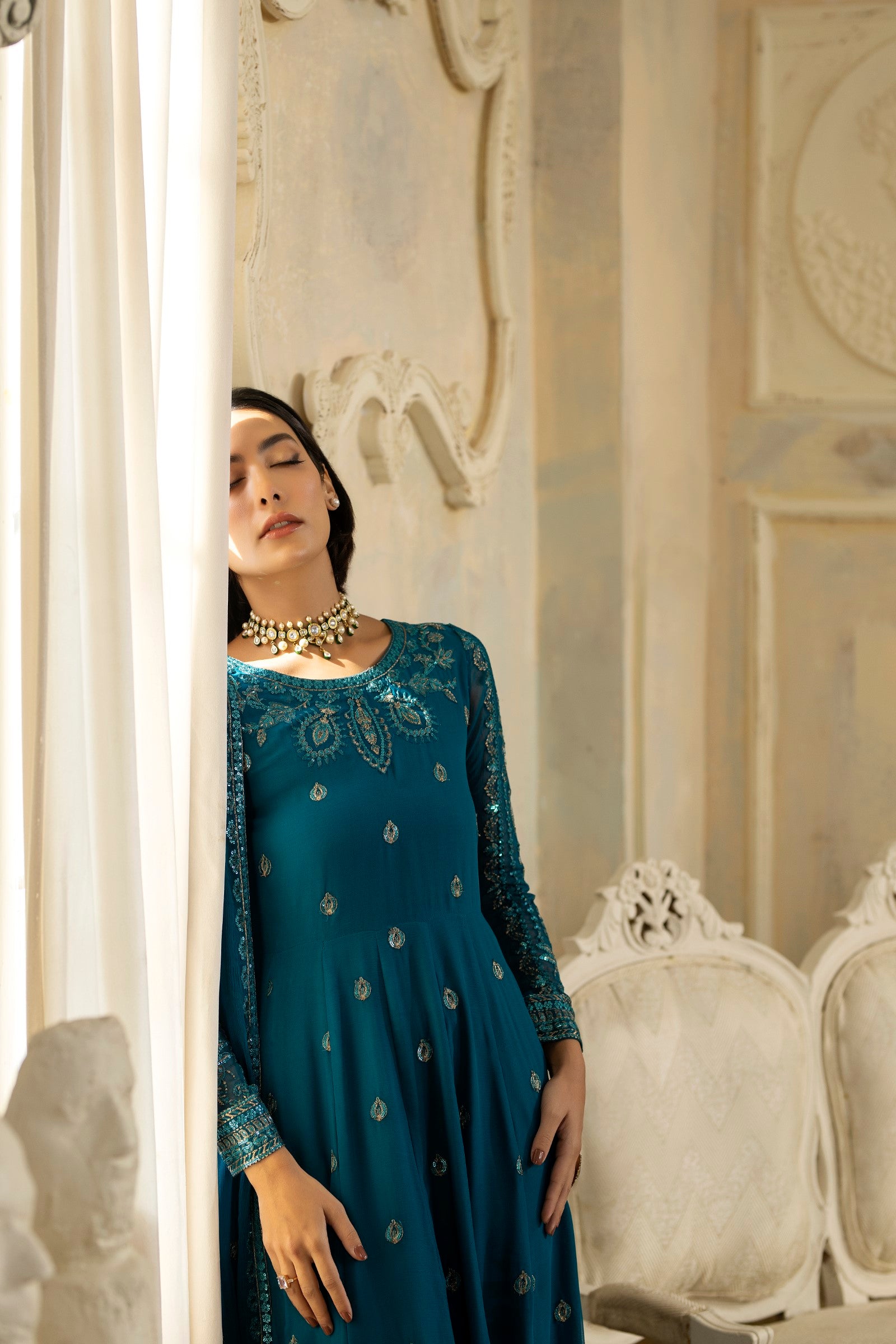 Pakistani Teal Embroidered Chiffon Organza Anarkali Dress (2-Piece) - Image 14