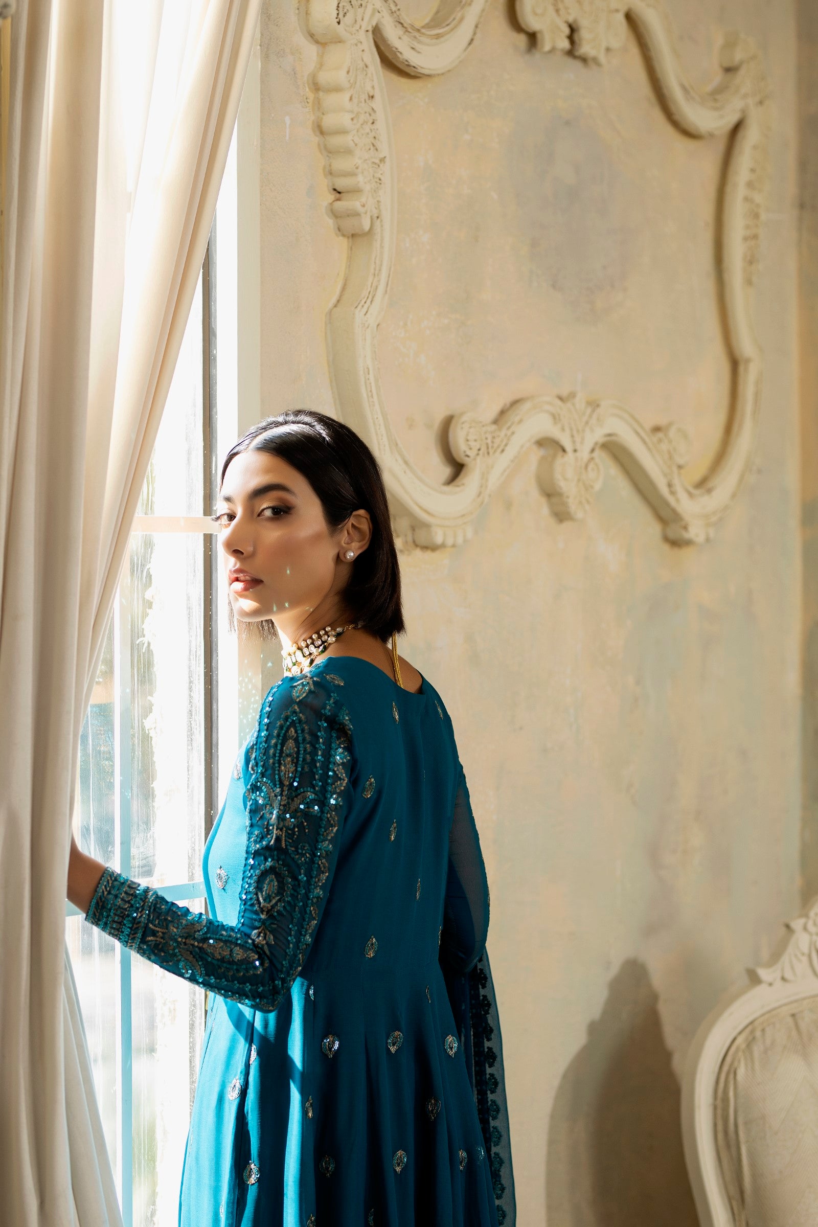 Pakistani Teal Embroidered Chiffon Organza Anarkali Dress (2-Piece) - Image 15