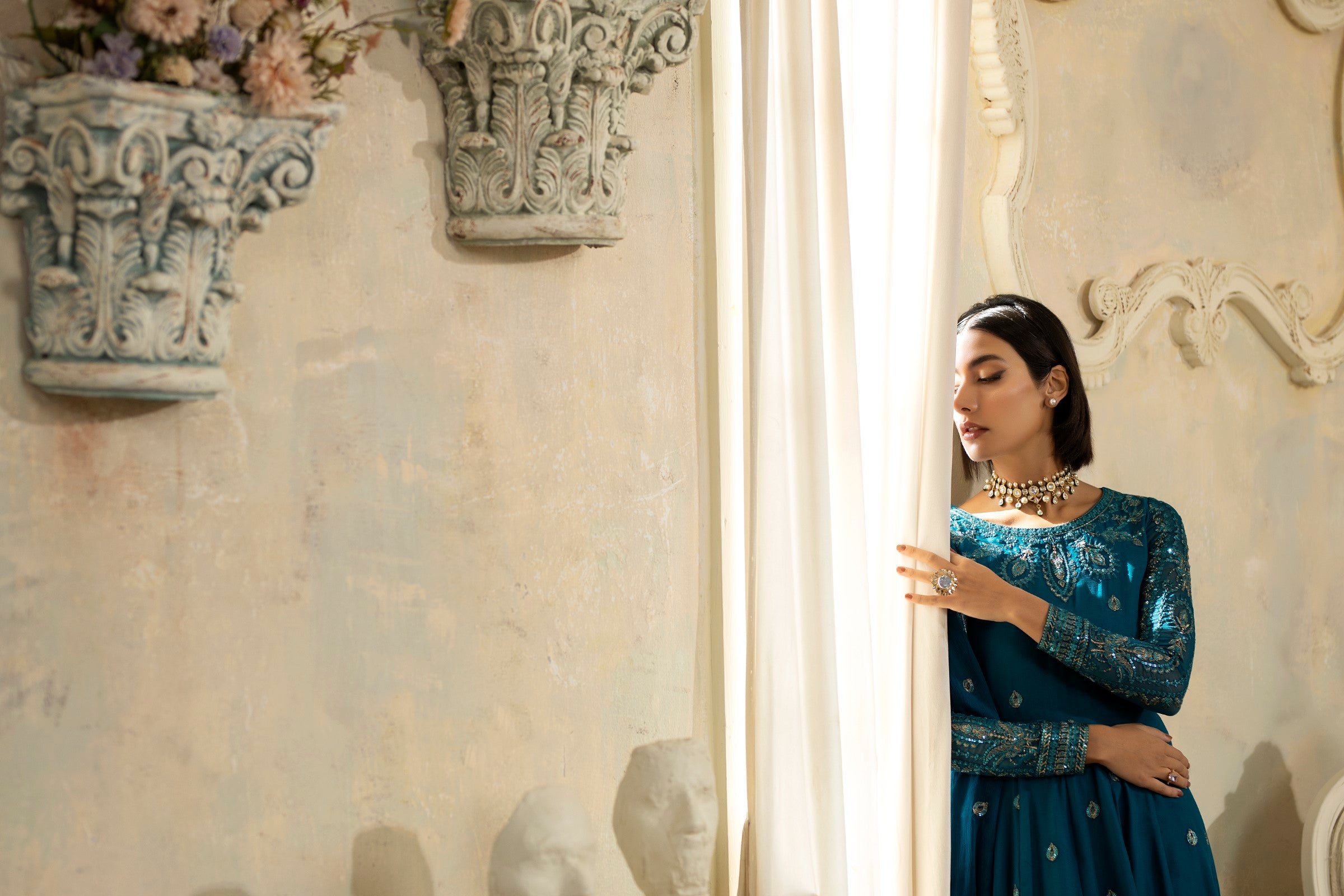 Pakistani Teal Embroidered Chiffon Organza Anarkali Dress (2-Piece) - Image 16