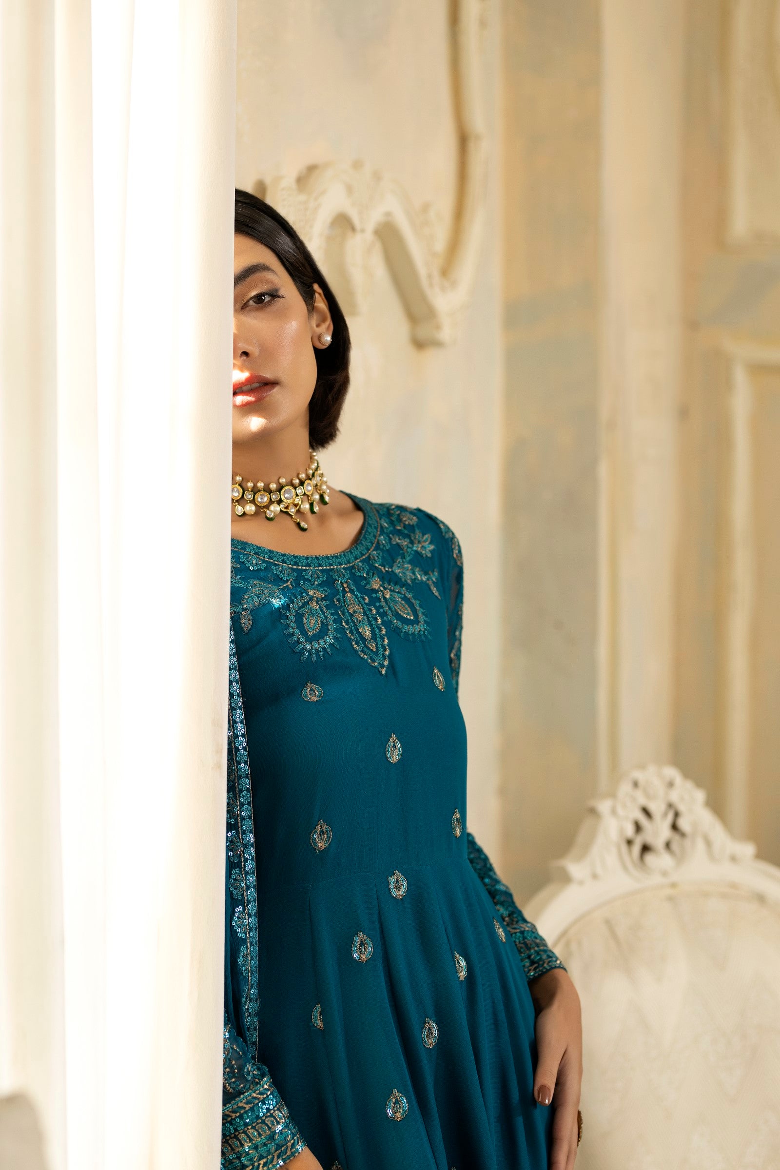 Pakistani Teal Embroidered Chiffon Organza Anarkali Dress (2-Piece) - Image 17