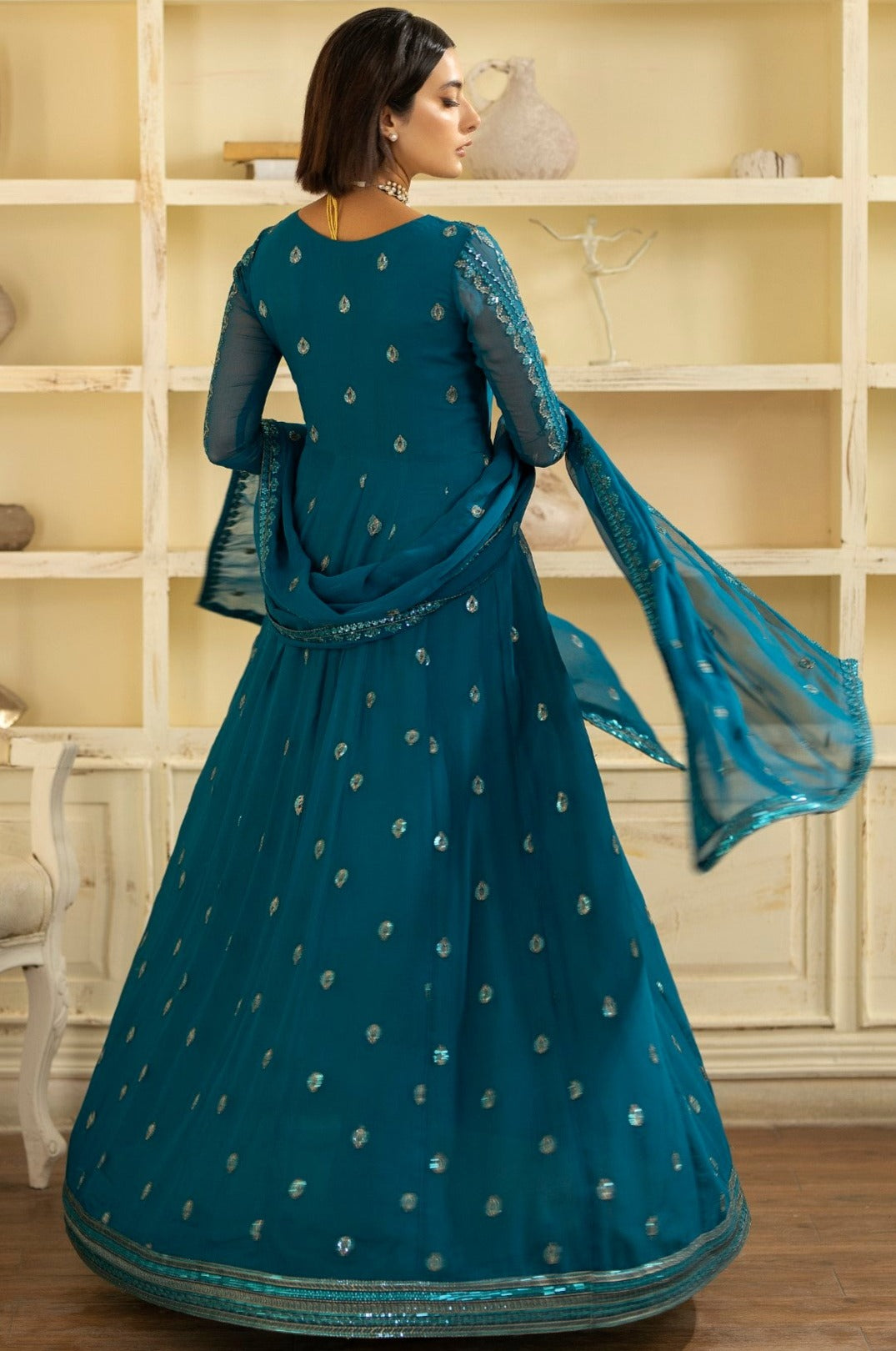 Pakistani Teal Embroidered Chiffon Organza Anarkali Dress (2-Piece) - Image 18
