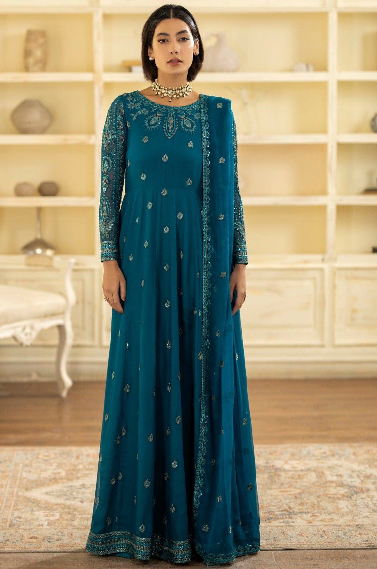 Pakistani Teal Embroidered Chiffon Organza Anarkali Dress (2-Piece) - Image 3