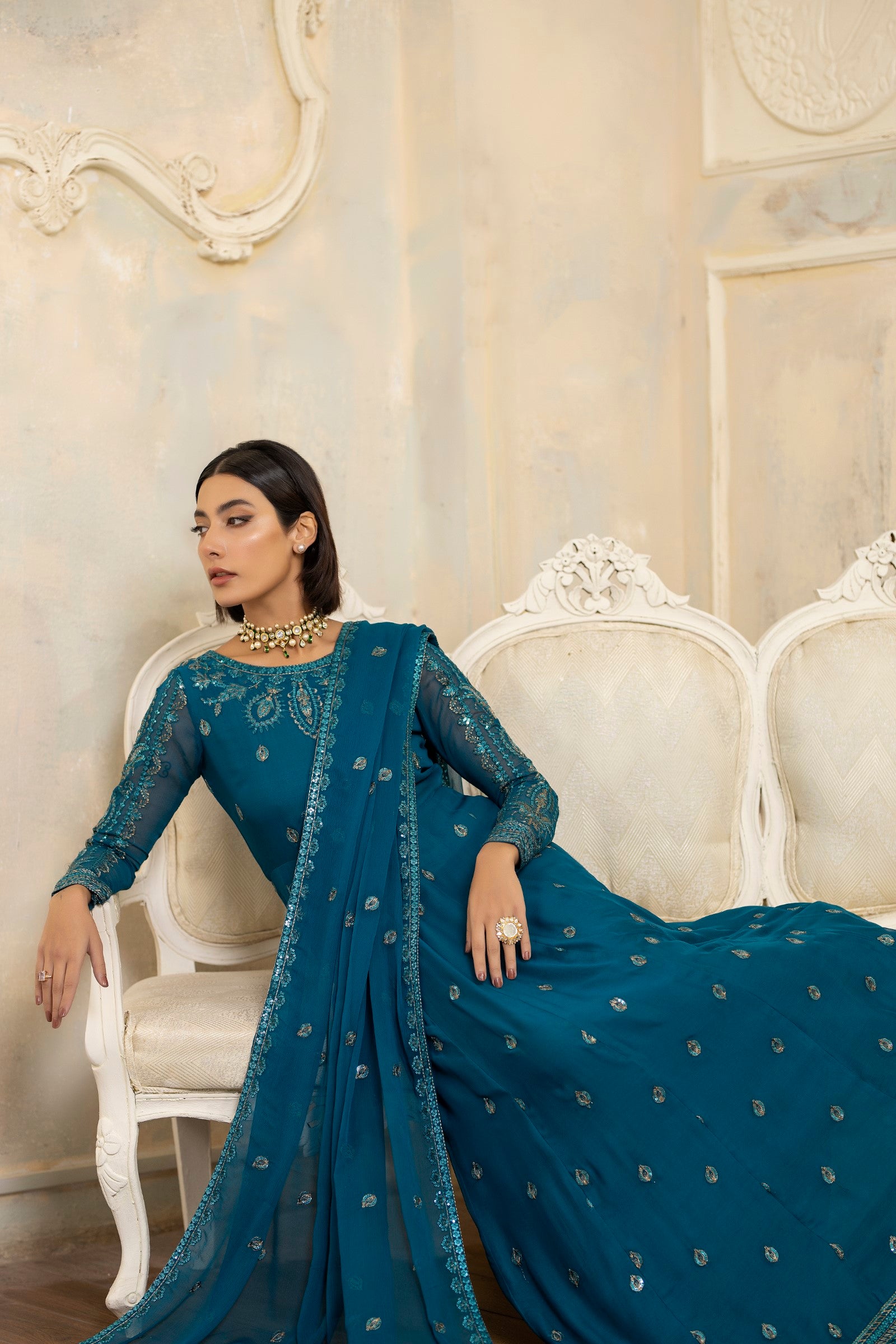 Pakistani Teal Embroidered Chiffon Organza Anarkali Dress (2-Piece) - Image 4