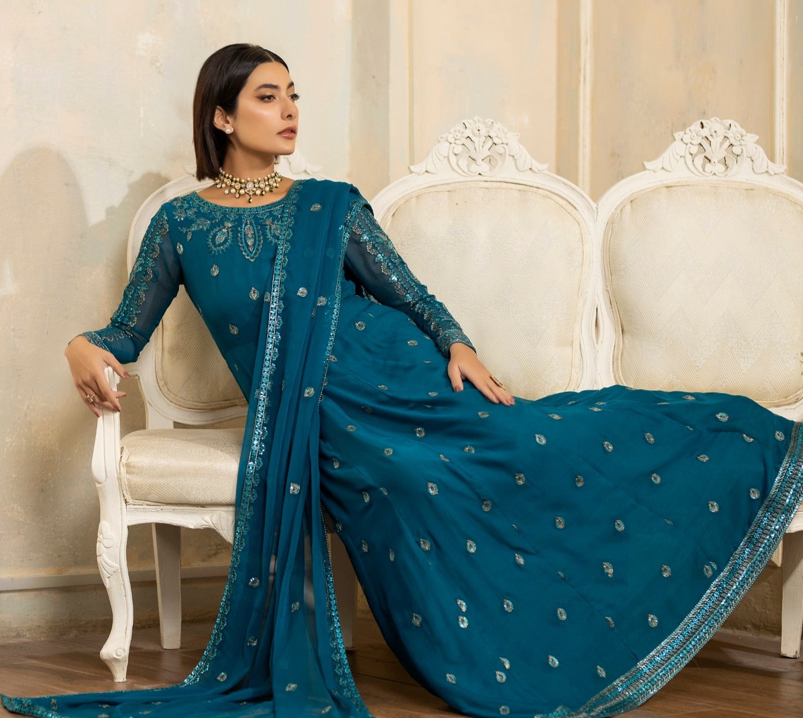 Pakistani Teal Embroidered Chiffon Organza Anarkali Dress (2-Piece) - Image 5