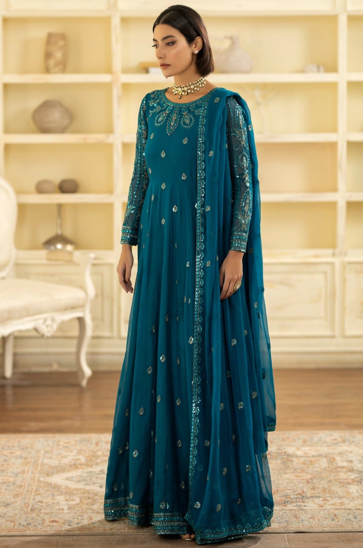 Pakistani Teal Embroidered Chiffon Organza Anarkali Dress (2-Piece) - Image 6