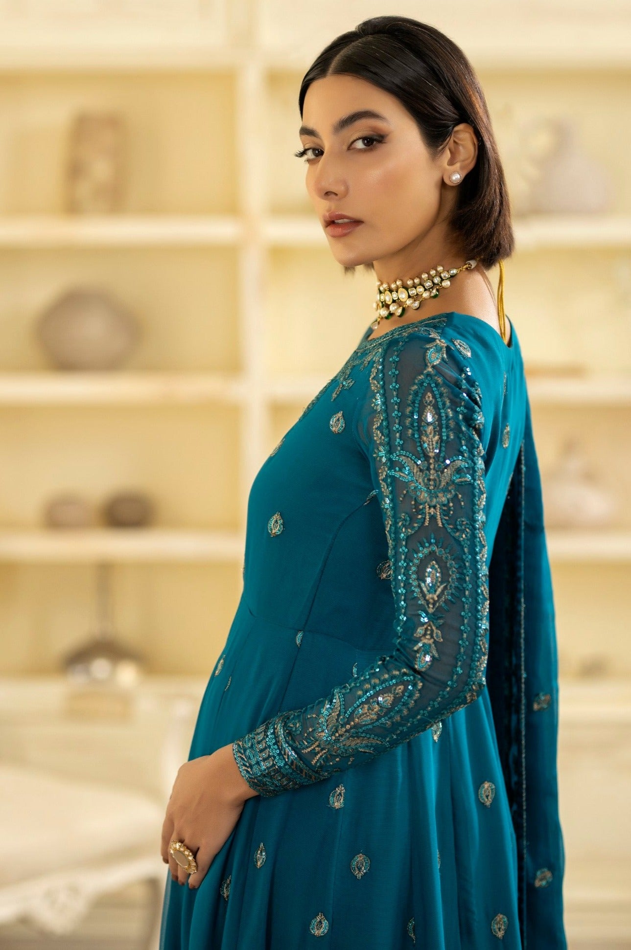 Pakistani Teal Embroidered Chiffon Organza Anarkali Dress (2-Piece) - Image 7