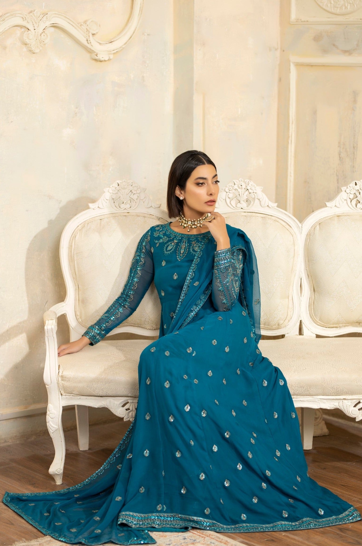 Pakistani Teal Embroidered Chiffon Organza Anarkali Dress (2-Piece) - Image 8