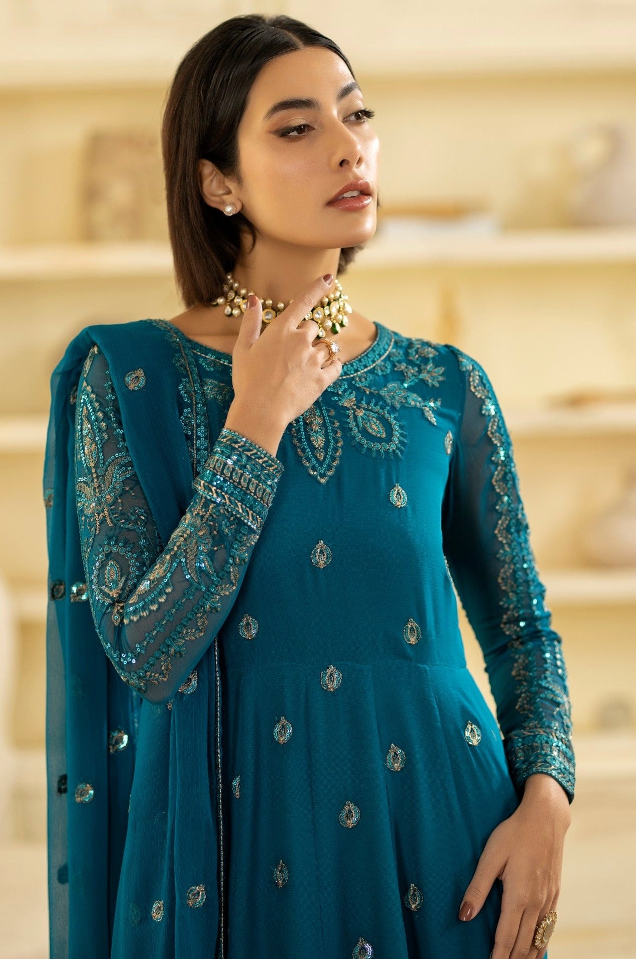 Pakistani Teal Embroidered Chiffon Organza Anarkali Dress (2-Piece) - Image 9