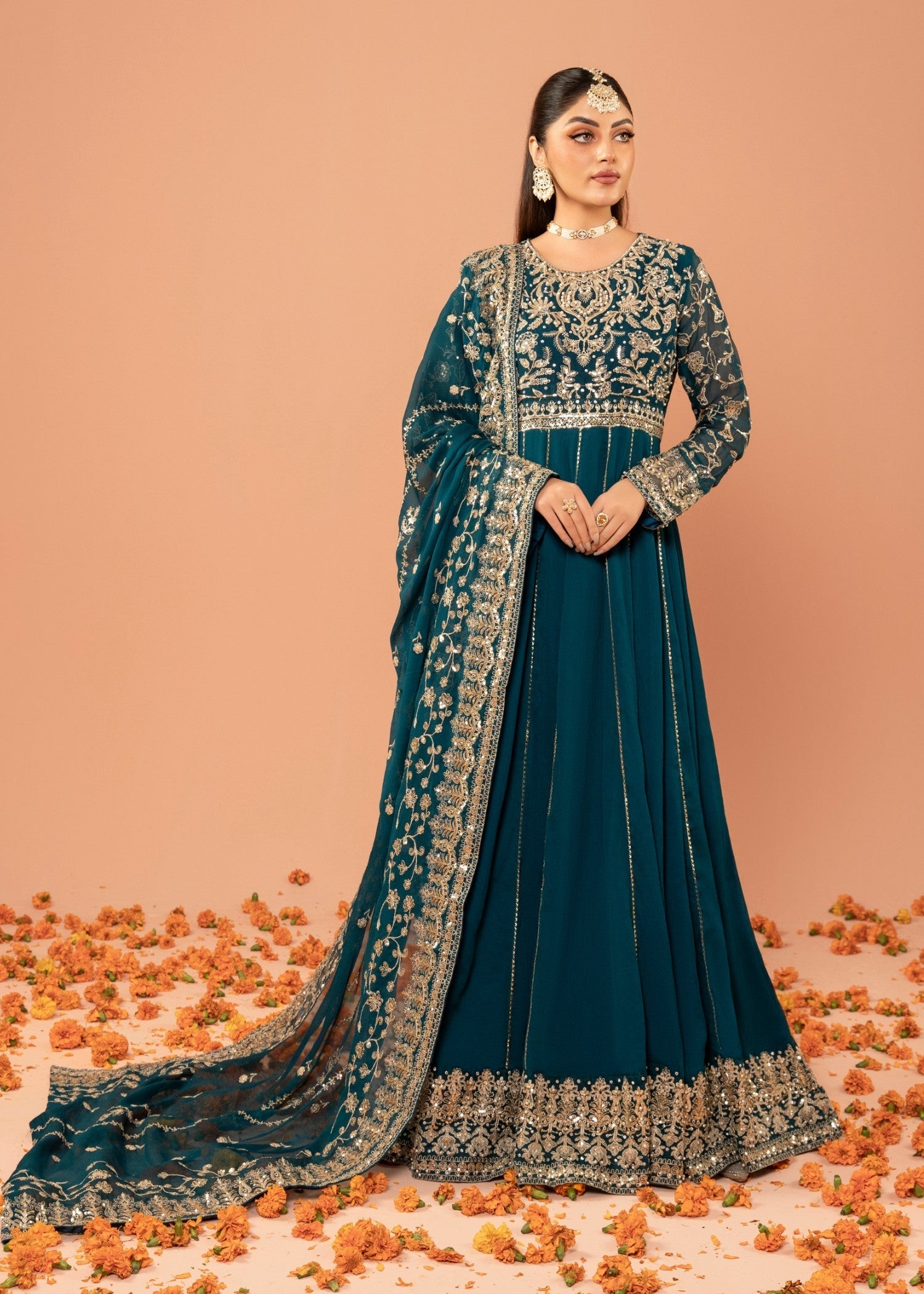Pakistani Teal Embroidered Chiffon Anarkali Dress (2-Piece) - Image 1