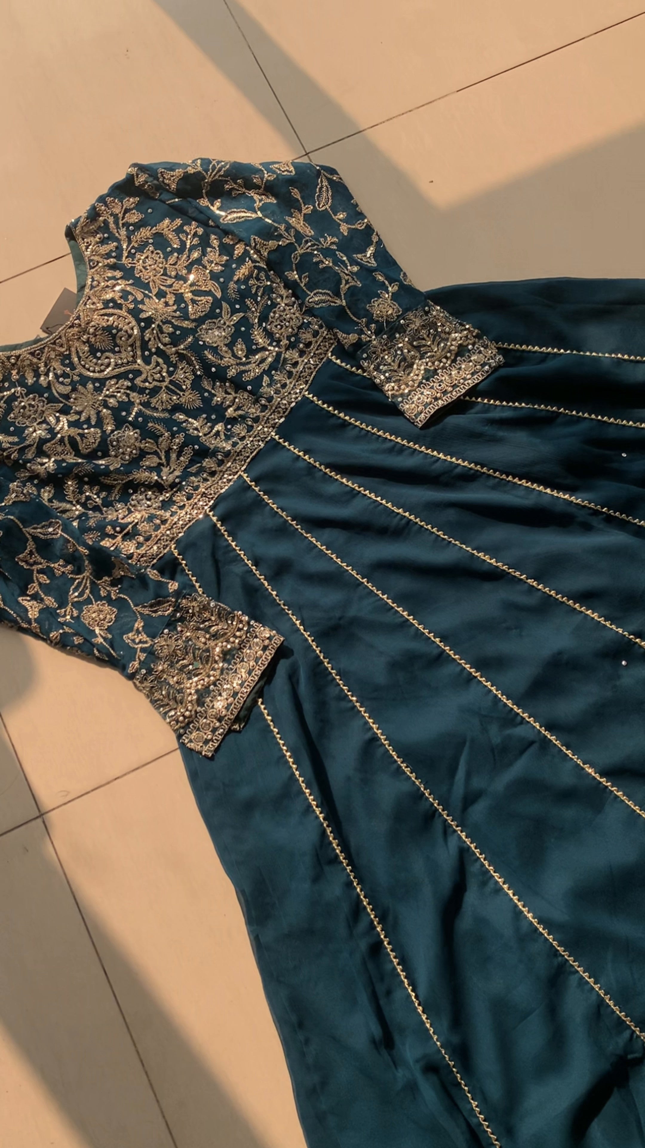 Pakistani Teal Embroidered Chiffon Anarkali Dress (2-Piece) - Image 10