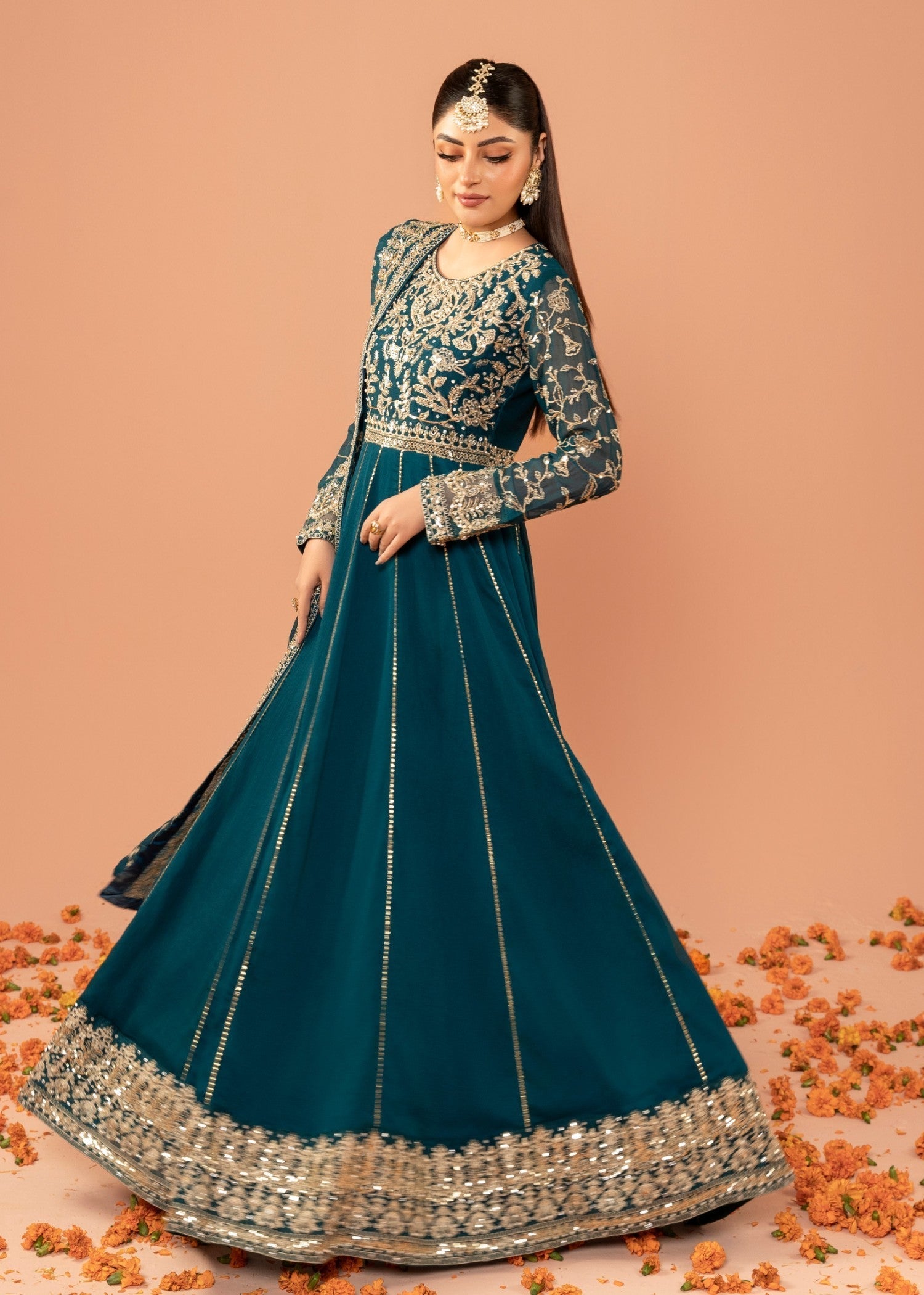 Pakistani Teal Embroidered Chiffon Anarkali Dress (2-Piece) - Image 2