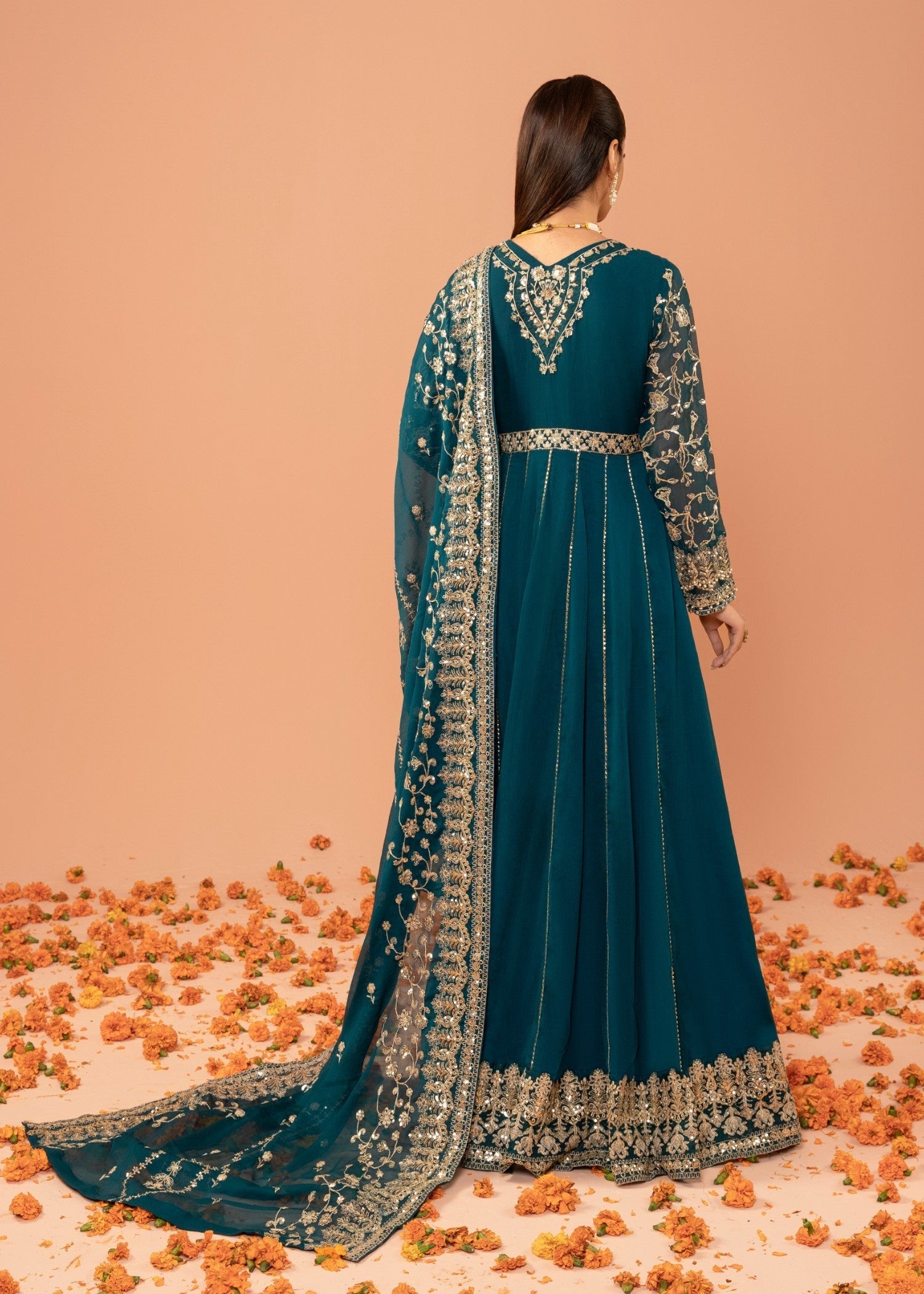 Pakistani Teal Embroidered Chiffon Anarkali Dress (2-Piece) - Image 3