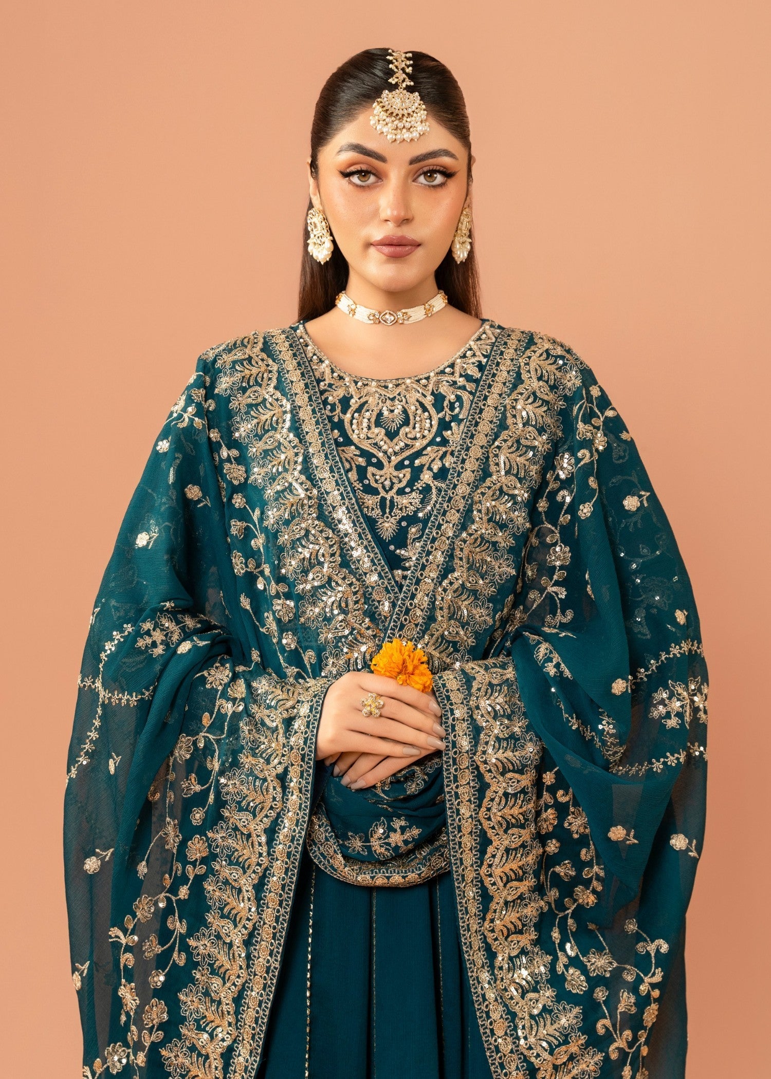 Pakistani Teal Embroidered Chiffon Anarkali Dress (2-Piece) - Image 4