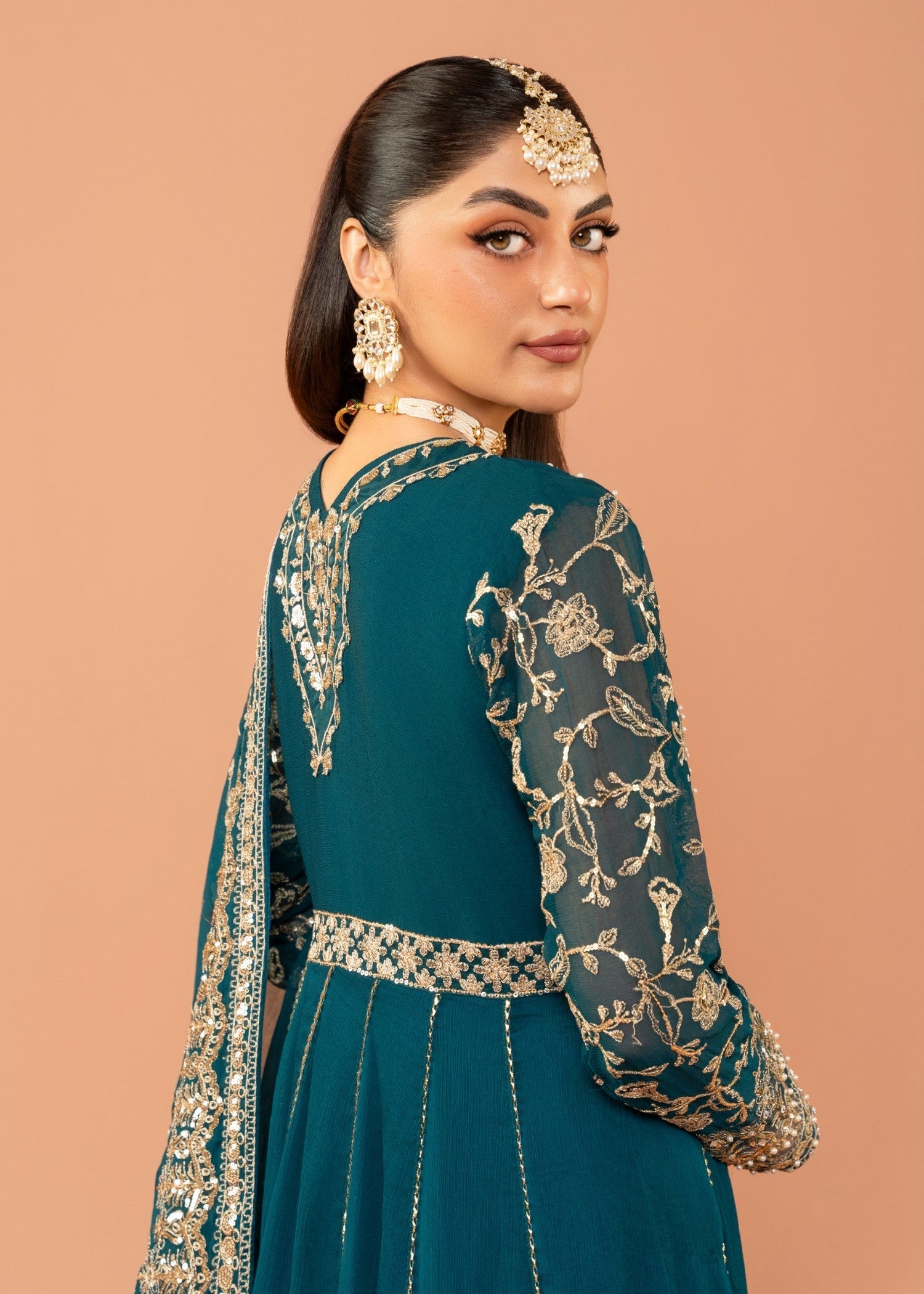 Pakistani Teal Embroidered Chiffon Anarkali Dress (2-Piece) - Image 5