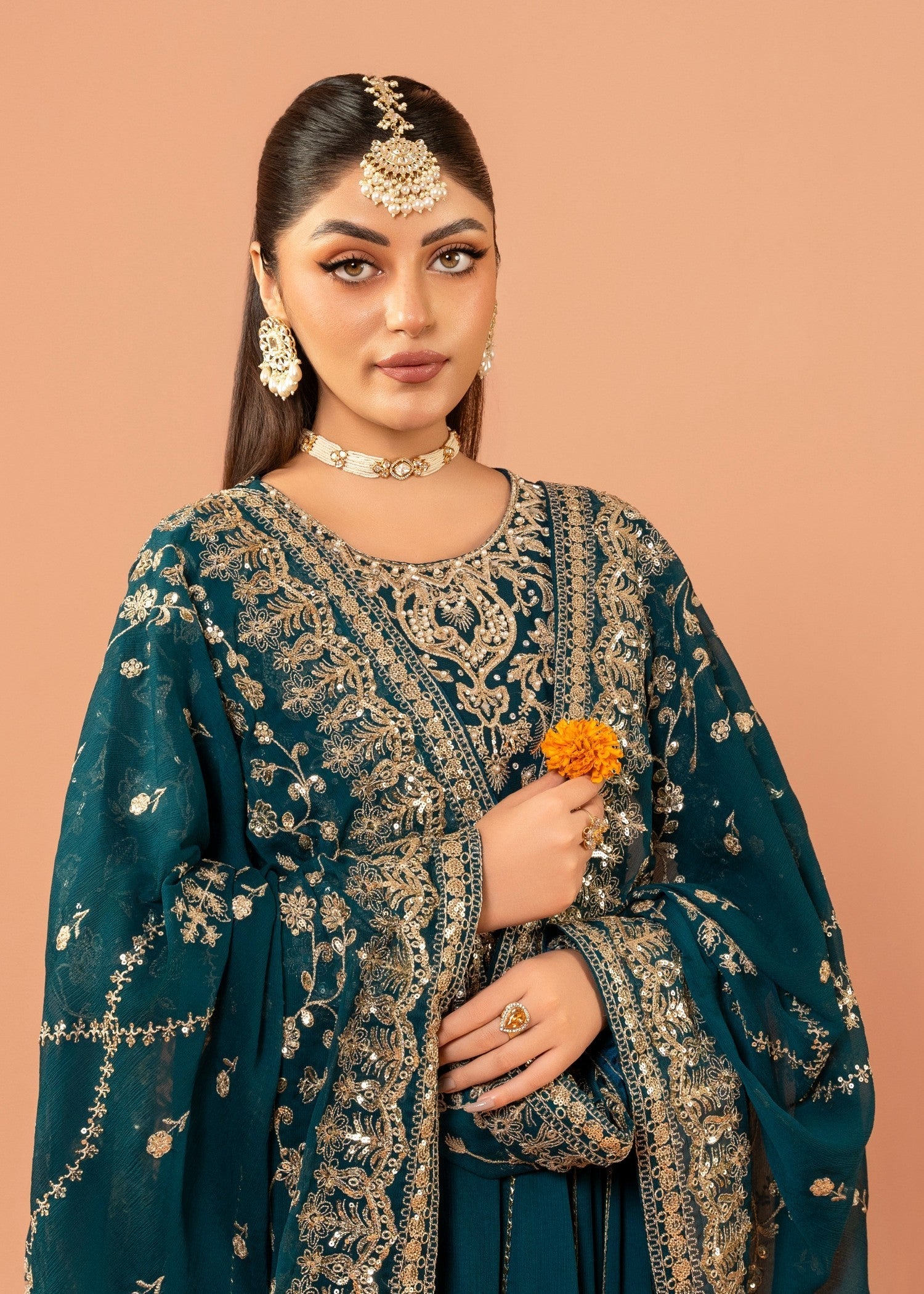 Pakistani Teal Embroidered Chiffon Anarkali Dress (2-Piece) - Image 6