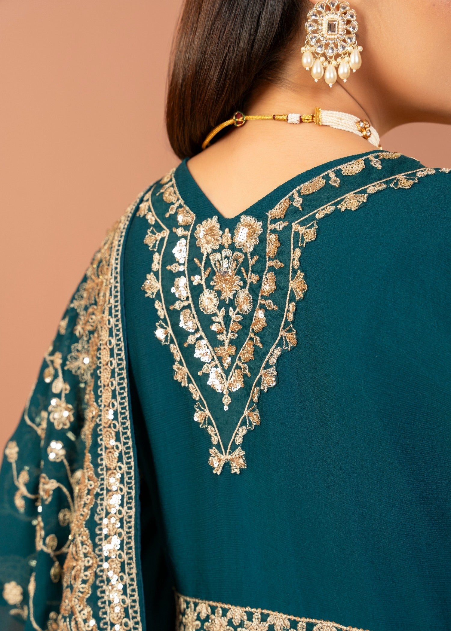 Pakistani Teal Embroidered Chiffon Anarkali Dress (2-Piece) - Image 8