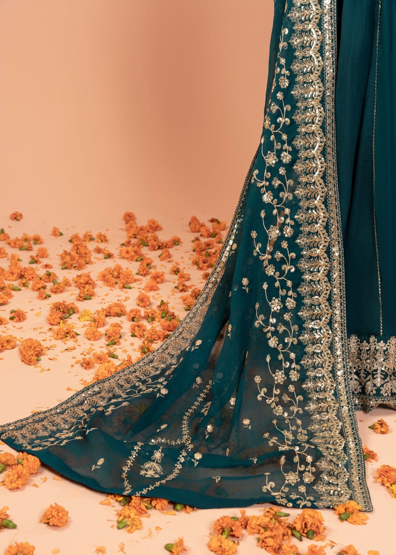 Pakistani Teal Embroidered Chiffon Anarkali Dress (2-Piece) - Image 9