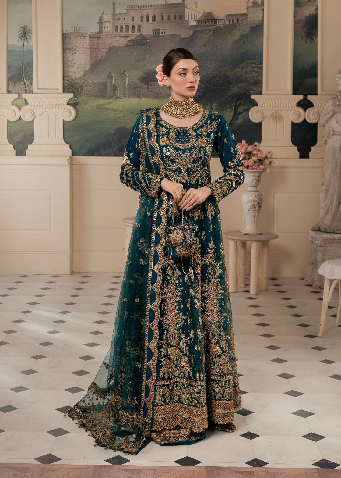 Teal Embroidered Net Anarkali Maxi (3-Piece) - Image 1