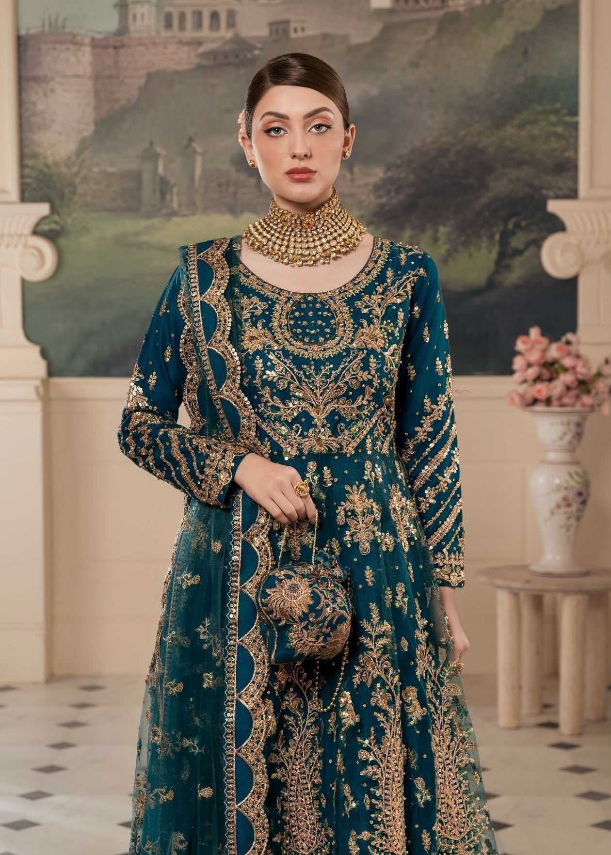 Teal Embroidered Net Anarkali Maxi (3-Piece) - Image 2