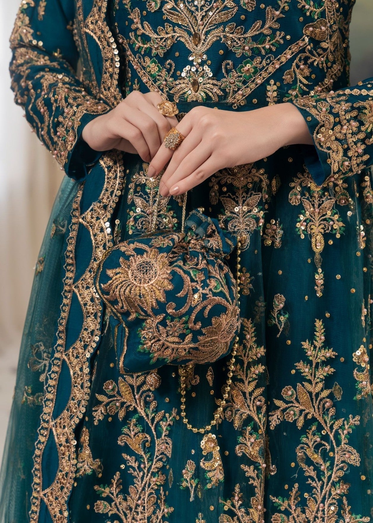 Teal Embroidered Net Anarkali Maxi (3-Piece) - Image 3