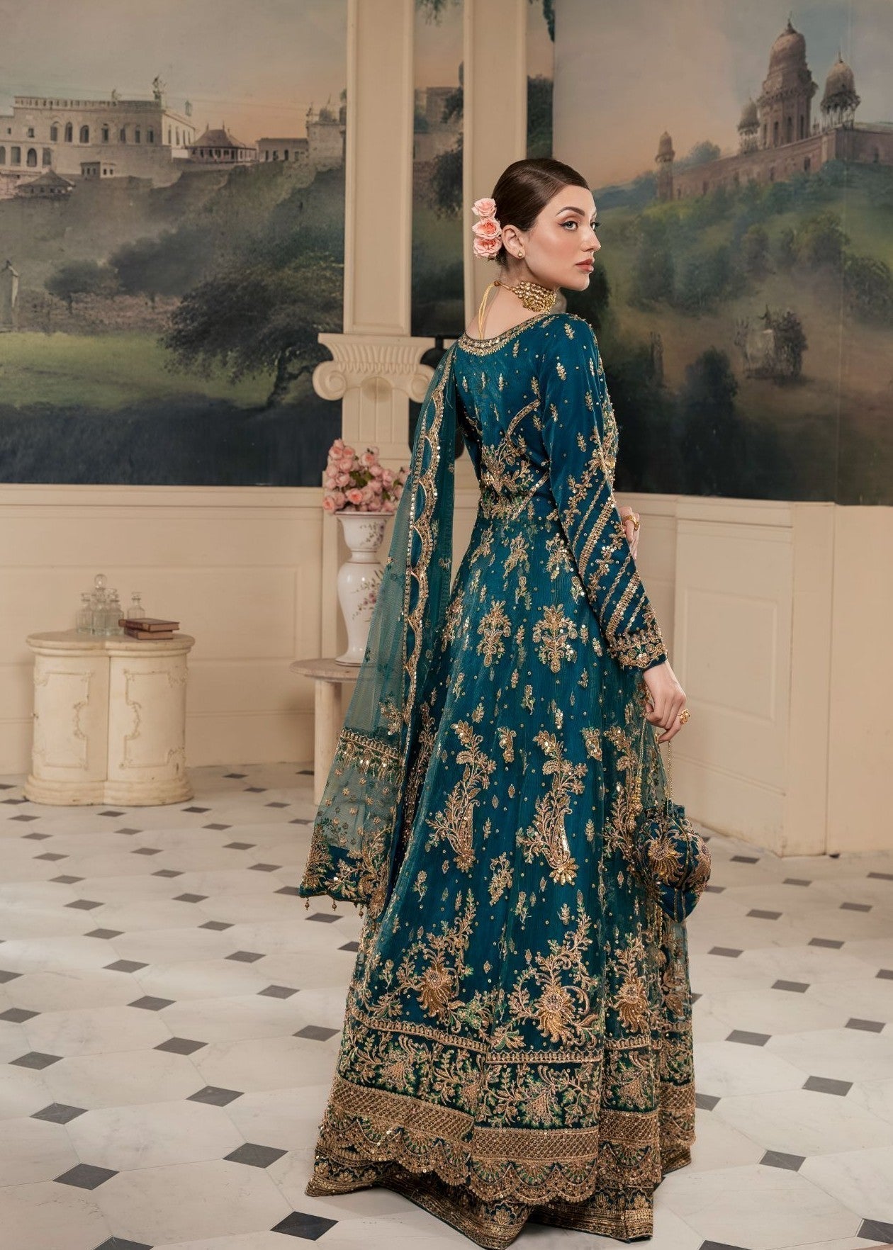 Teal Embroidered Net Anarkali Maxi (3-Piece) - Image 4