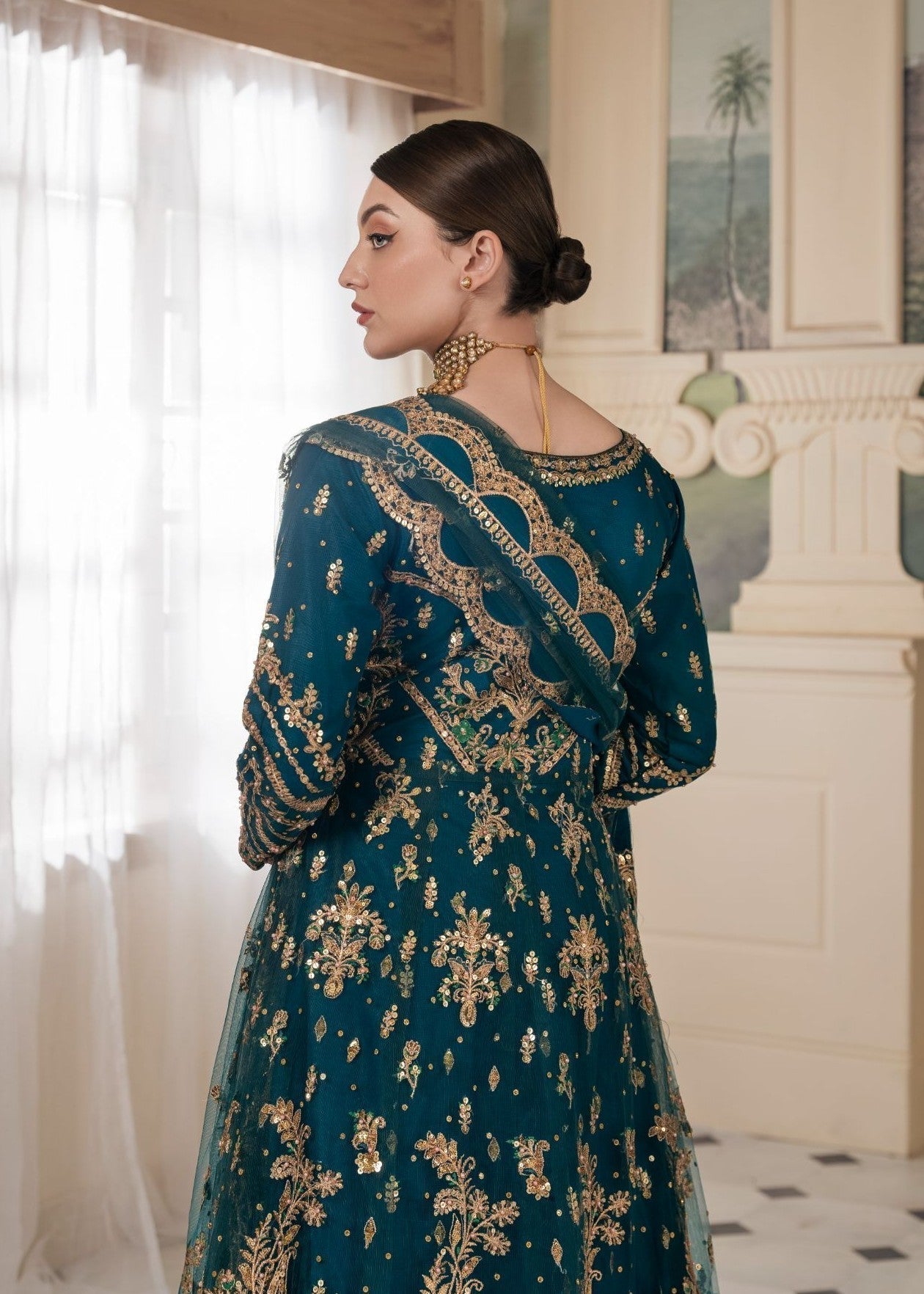 Teal Embroidered Net Anarkali Maxi (3-Piece) - Image 5