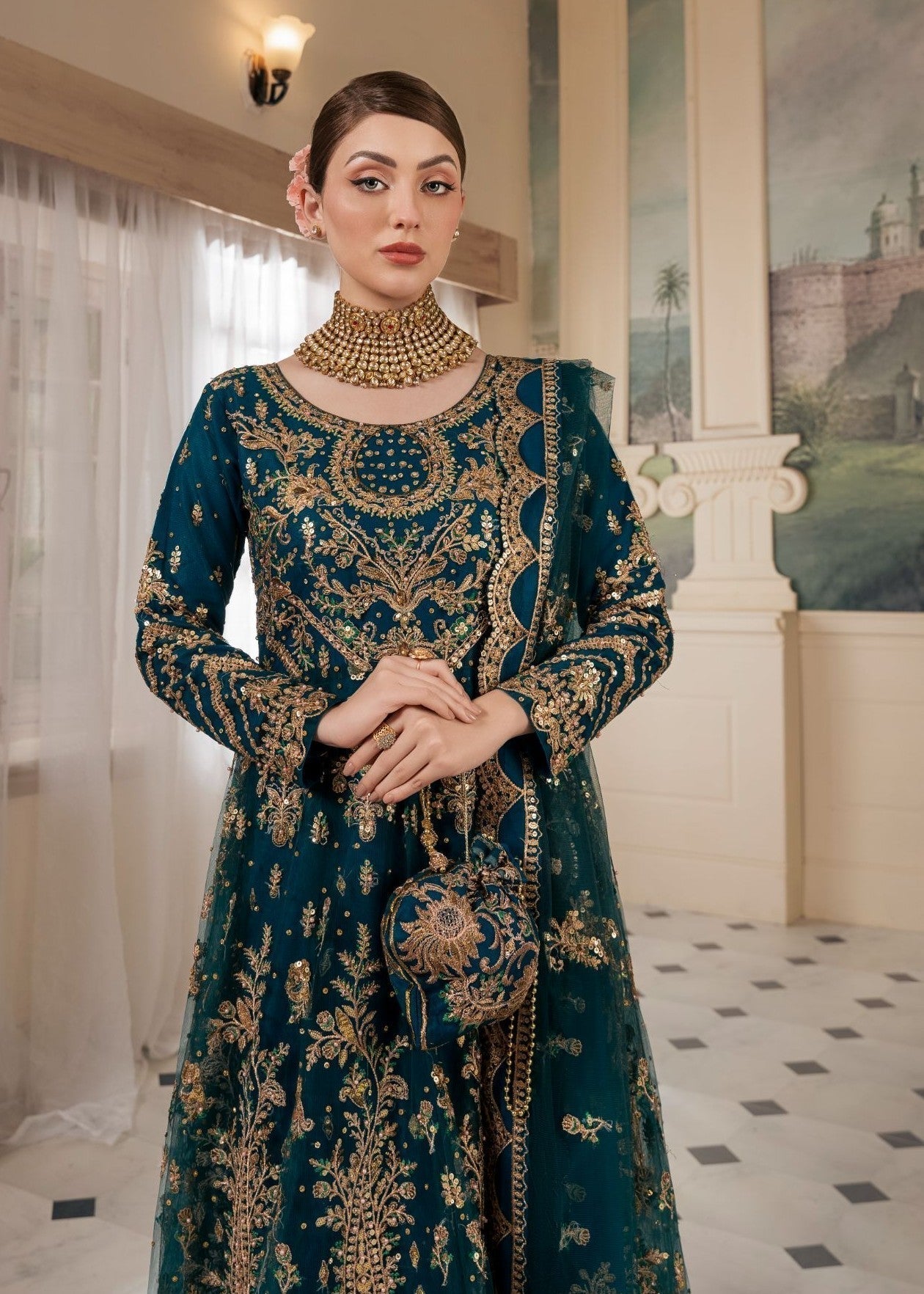 Teal Embroidered Net Anarkali Maxi (3-Piece) - Image 6