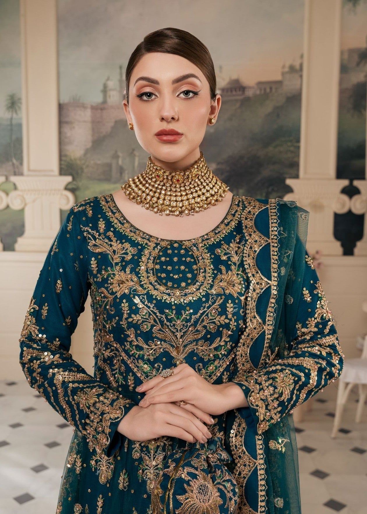 Teal Embroidered Net Anarkali Maxi (3-Piece) - Image 7