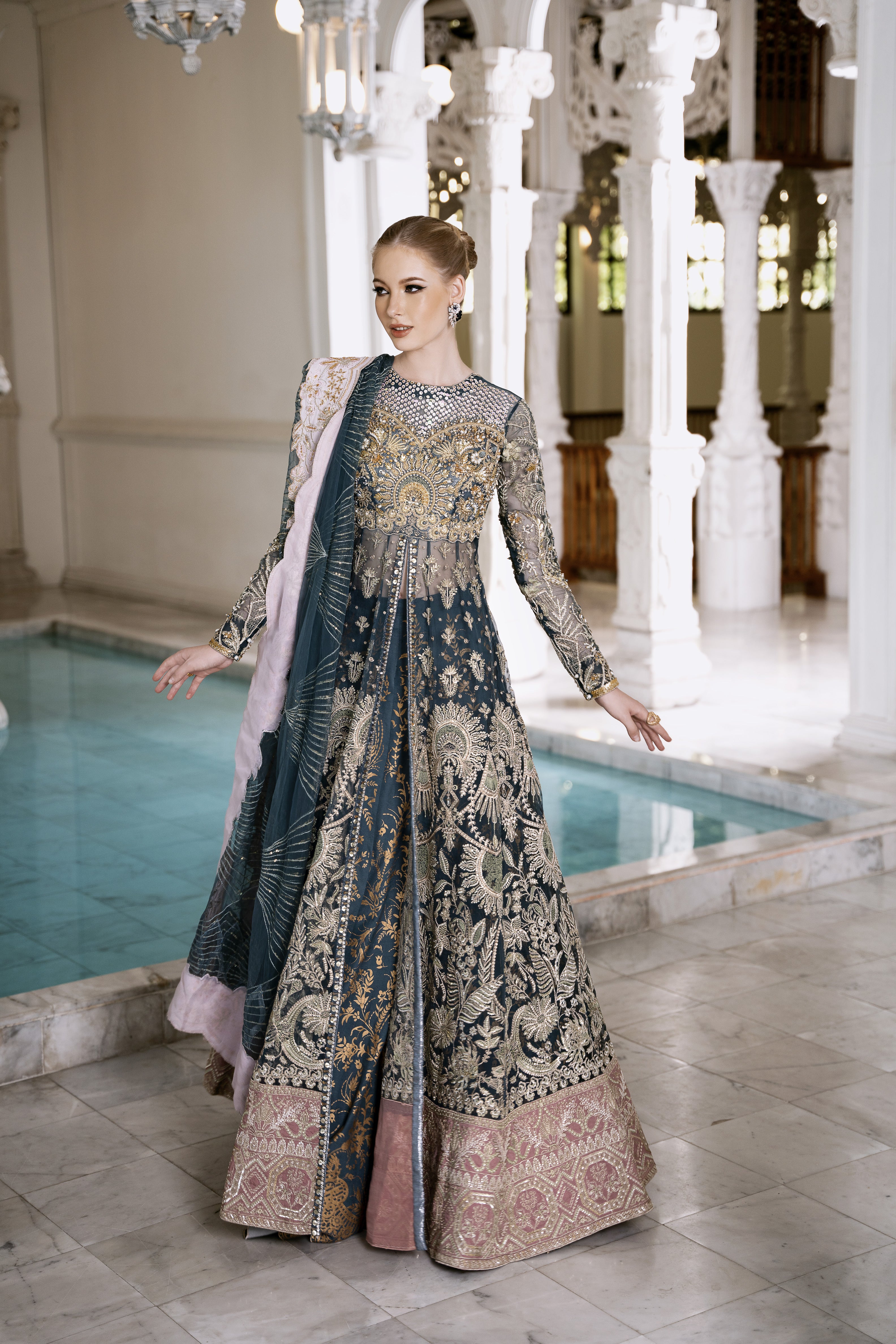 Deep Teal Embroidered Net Anarkali Dress (2-Piece) - Image 1