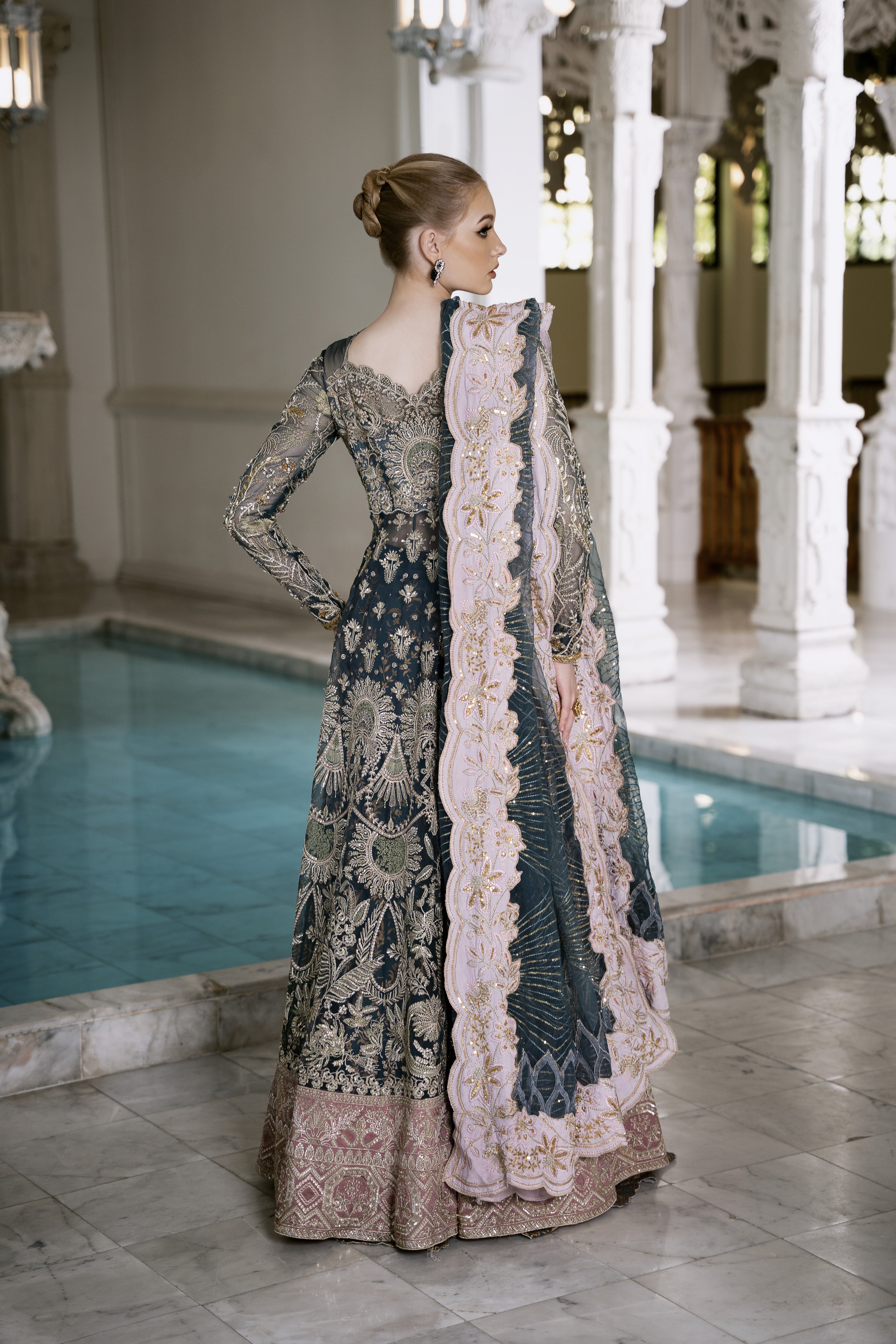 Deep Teal Embroidered Net Anarkali Dress (2-Piece) - Image 2