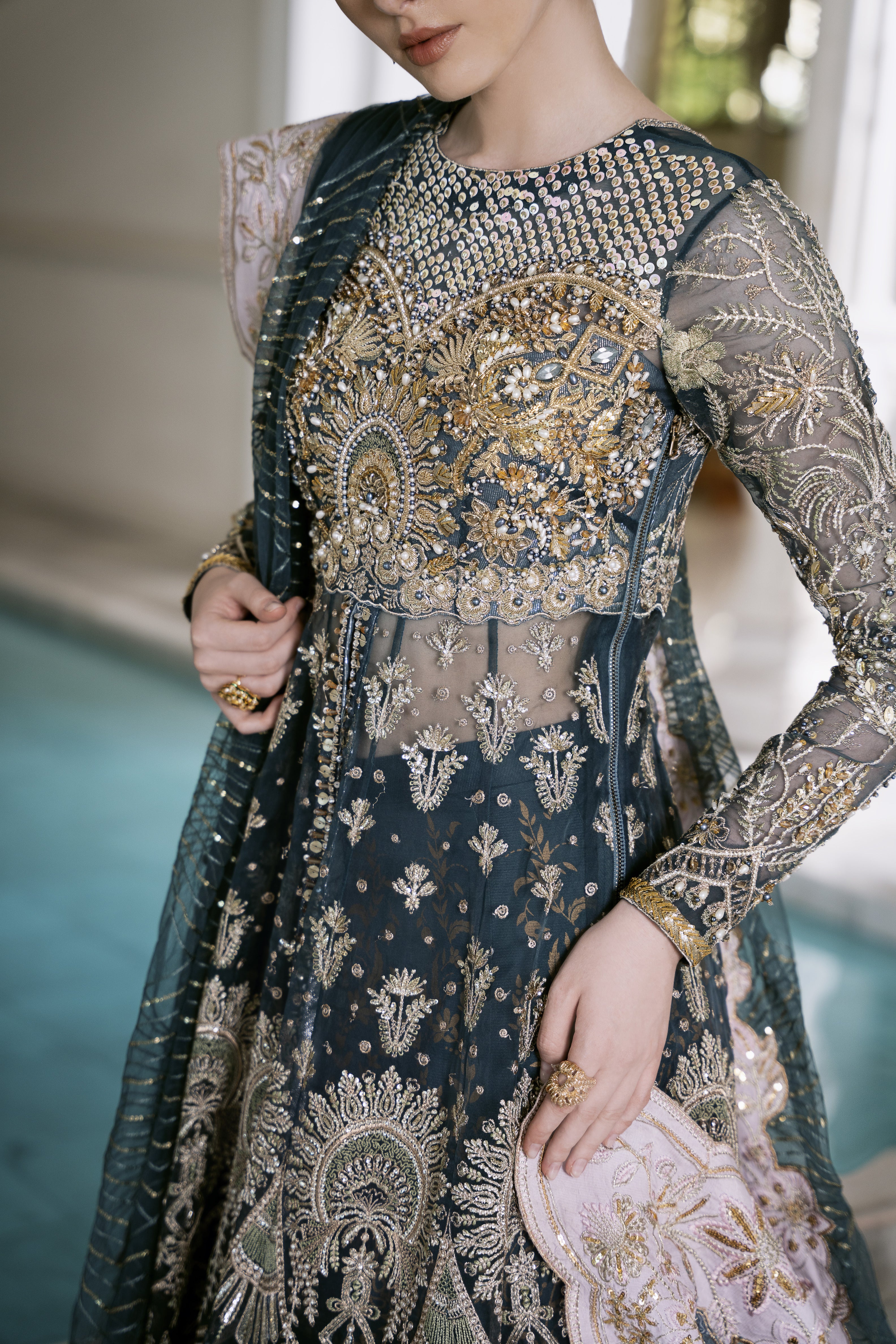 Deep Teal Embroidered Net Anarkali Dress (2-Piece) - Image 3