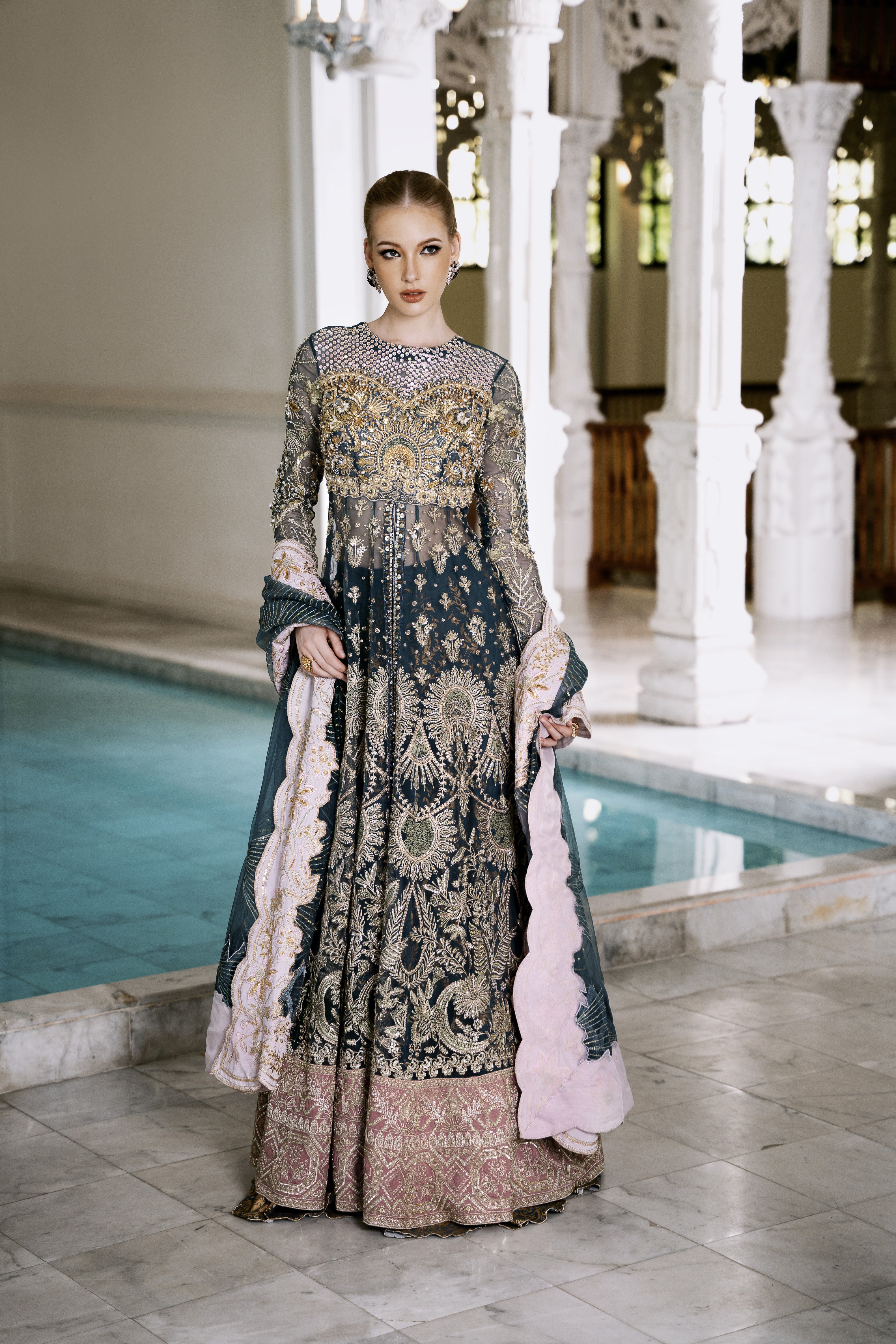 Deep Teal Embroidered Net Anarkali Dress (2-Piece) - Image 4