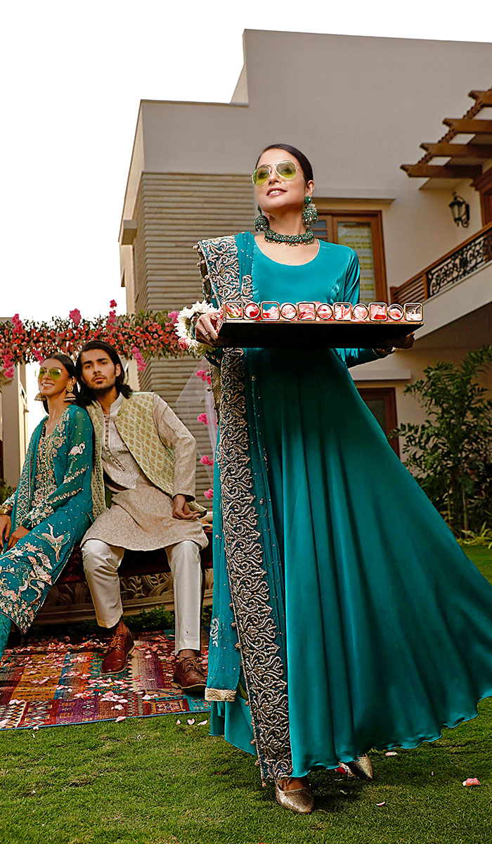 Teal Embroidered Georgette Anarkali Dress (2-Piece) - Image 1