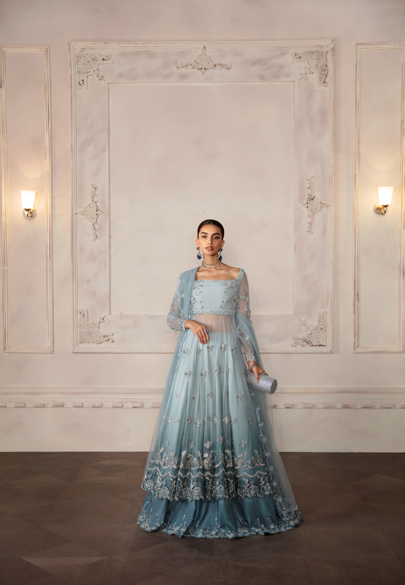 Aqua Ombre Embellished Pure Net Anarkali Gown (2-Piece) - Image 1