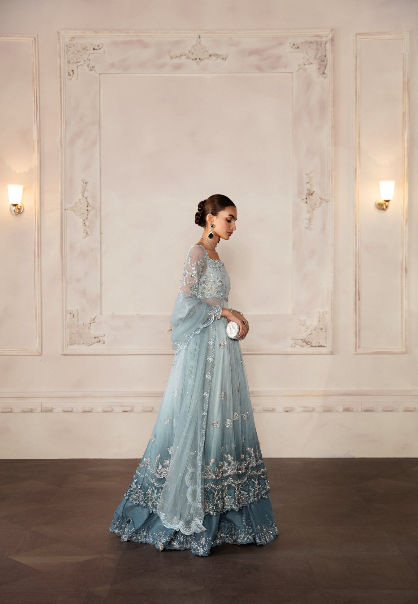 Aqua Ombre Embellished Pure Net Anarkali Gown (2-Piece) - Image 2