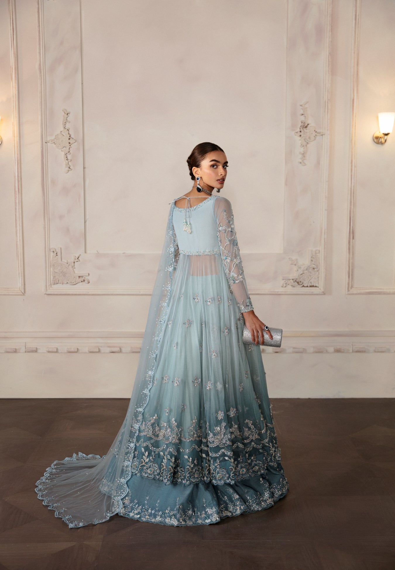 Aqua Ombre Embellished Pure Net Anarkali Gown (2-Piece) - Image 3