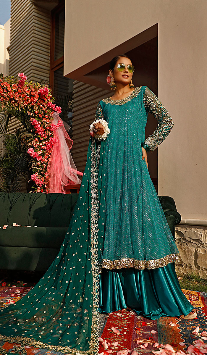 Teal Embroidered Net Anarkali Dress (3-Piece) - Image 1