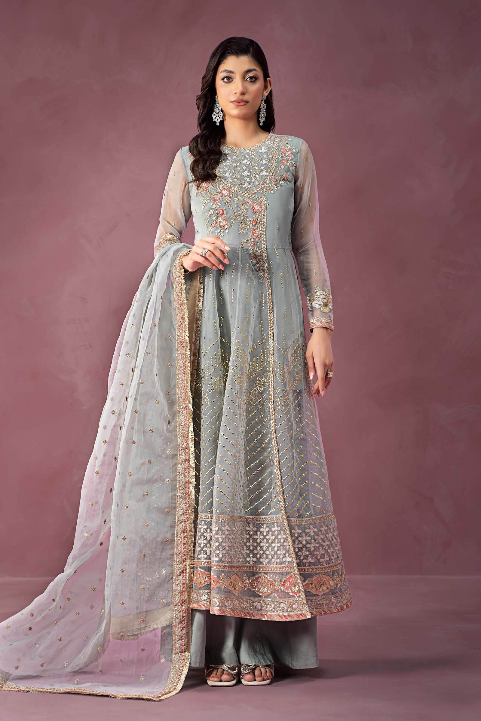 Pakistani Ferozi Embroidered Organza Anarkali Dress (3-Piece) - Image 1