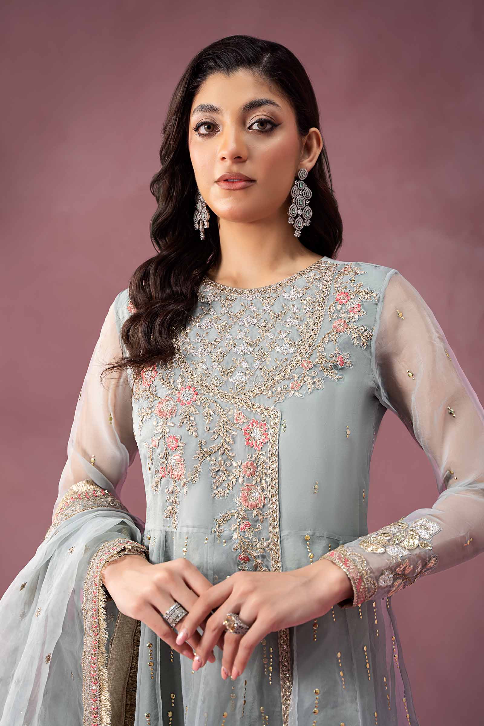 Pakistani Ferozi Embroidered Organza Anarkali Dress (3-Piece) - Image 2