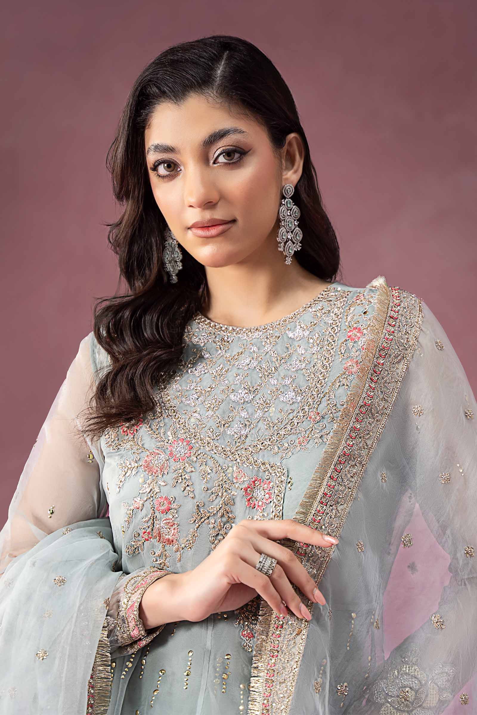 Pakistani Ferozi Embroidered Organza Anarkali Dress (3-Piece) - Image 3