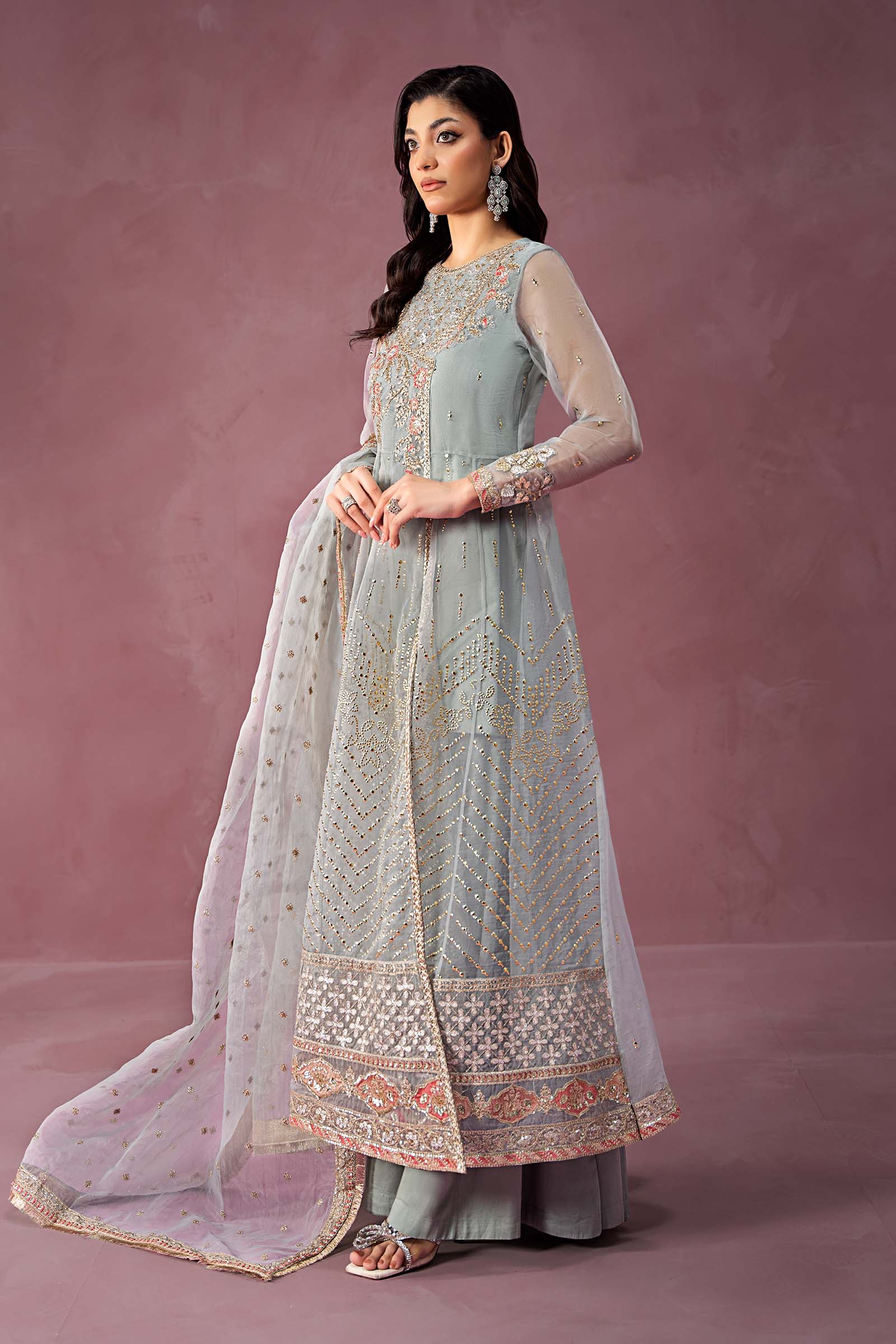 Pakistani Ferozi Embroidered Organza Anarkali Dress (3-Piece) - Image 5