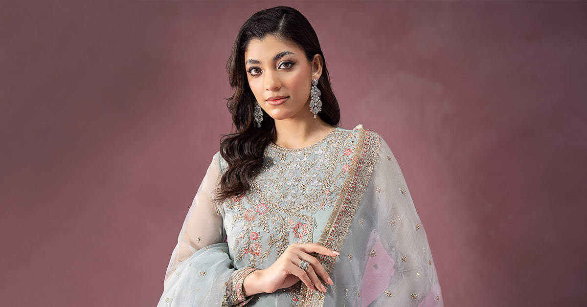 Pakistani Ferozi Embroidered Organza Anarkali Dress (3-Piece) - Image 8