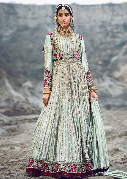 Indian Misty Teal Embellished Silk Anarkali Gown (2-Piece) - Image 2