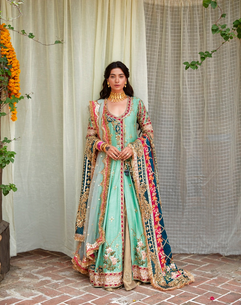 Pakistani Teal Embroidered Raw Silk Angrakha Dress (3-Piece) - Image 1