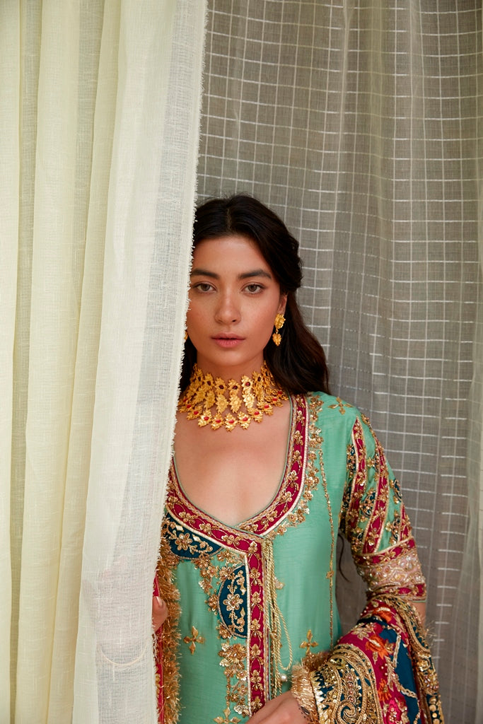 Pakistani Teal Embroidered Raw Silk Angrakha Dress (3-Piece) - Image 2