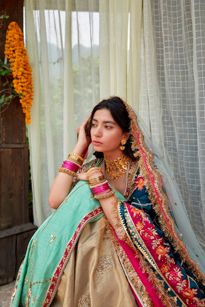 Pakistani Teal Embroidered Raw Silk Angrakha Dress (3-Piece) - Image 5