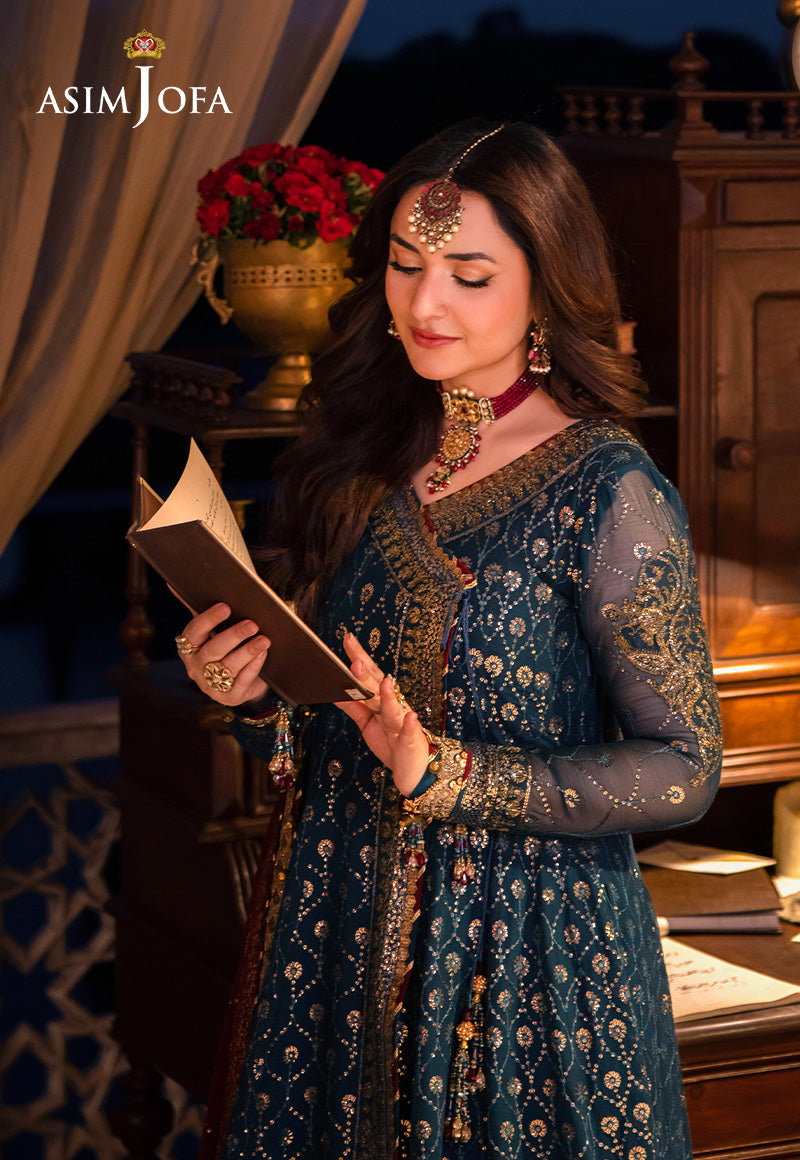 Pakistani Teal Zari & Sequin Chiffon Angrakha (3-Piece) - Image 1