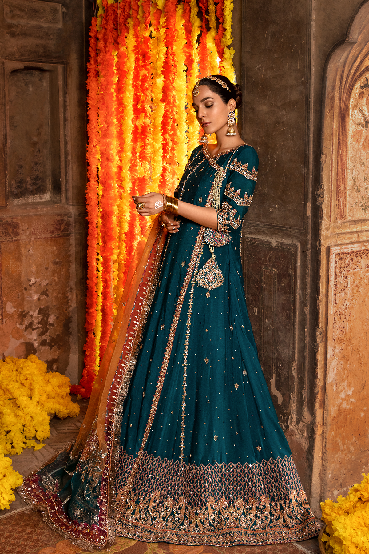 Teal Embroidered Khaddi Net Angrakha (3-Piece) - Image 4